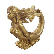 Mermaid sculpture with flowing hair and ornate tail, featuring classical and old world European design elements. Side View