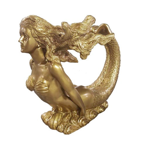 Mermaid sculpture with flowing hair and ornate tail, featuring classical and old world European design elements. Side View