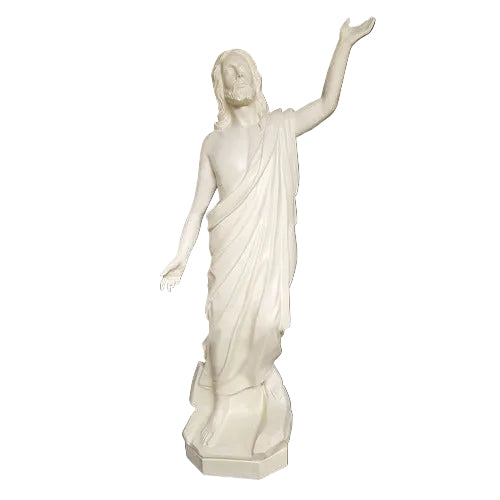 Classical Renaissance-style statue of a robed figure with one arm raised, featuring detailed drapery and serene facial expression. Side View