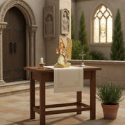 Kneeling angel statue with ornate wings and flowing robes, featuring classical old world European and Renaissance details. Side Angle