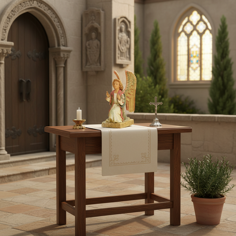 Kneeling angel statue with ornate wings and flowing robes, featuring classical old world European and Renaissance details. Side Angle