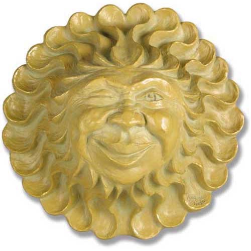 Sun face wall plaque with ornate, swirling rays and a whimsical, winking expression in an old world European classical style.