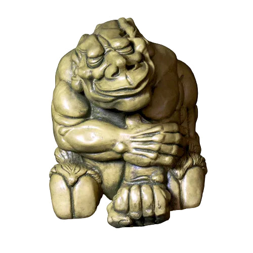 Grotesque gargoyle statue with exaggerated features, hunched posture, and ornate medieval European style detailing. Side View