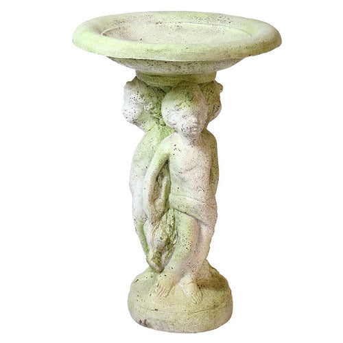 Ornate old world European bird bath with classical cherub figures supporting a round basin, featuring Renaissance-inspired detailing.
