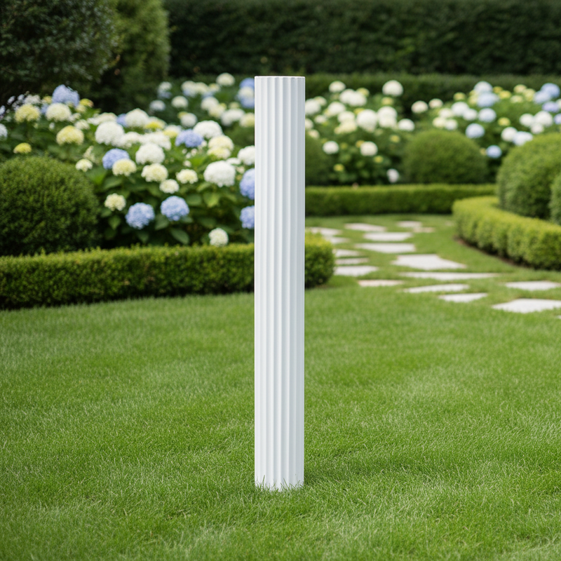 Fluted column with classical Greek architectural style, featuring vertical grooves and an elegant, old world European design. Side Angle