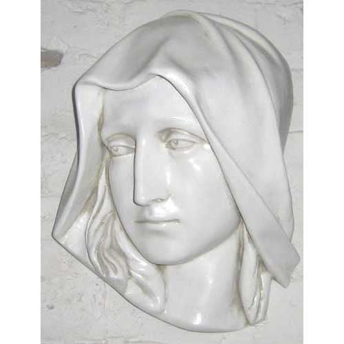 Classical Renaissance-style sculpted female bust with serene expression and draped head covering, featuring ornate facial details.