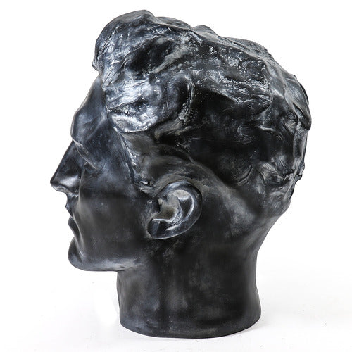 Classical Greco-Roman style male bust with strong features and wavy hair, evoking Renaissance and old world European artistry. Different Angle