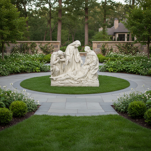 Baroque-style sculpture depicting a classical Pietà scene with three mourners surrounding the body of Christ in ornate, flowing robes. Side Angle
