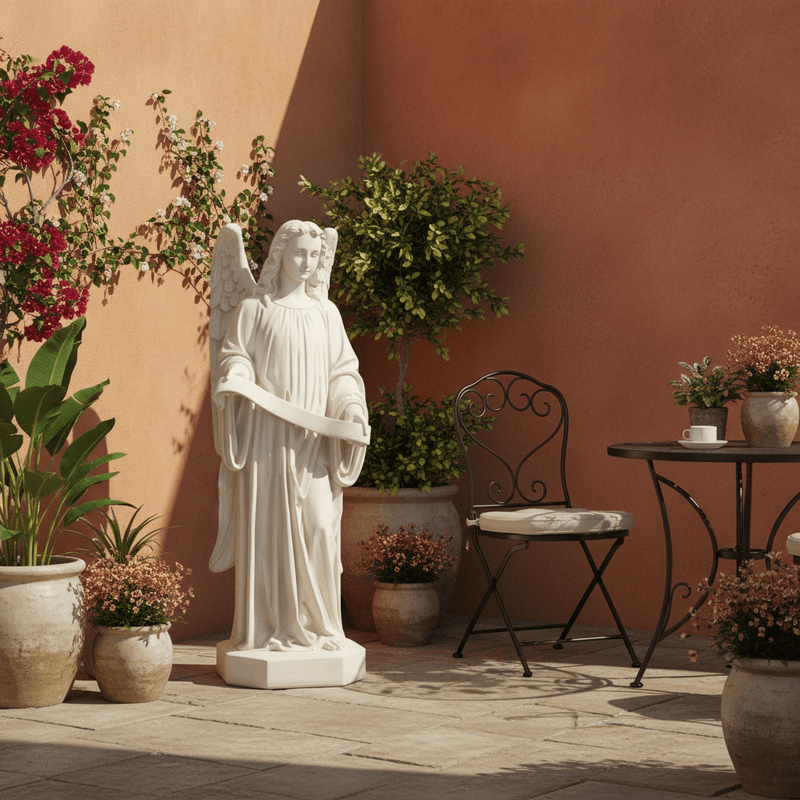 Angel Holding Scroll Outdoor Statue (49 - Inch) Side Angle