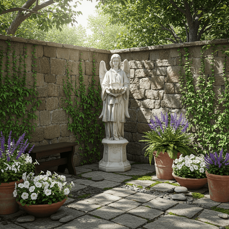 Angel With Scalloped Bowl Outdoor Statue (61 - Inch) Side Angle