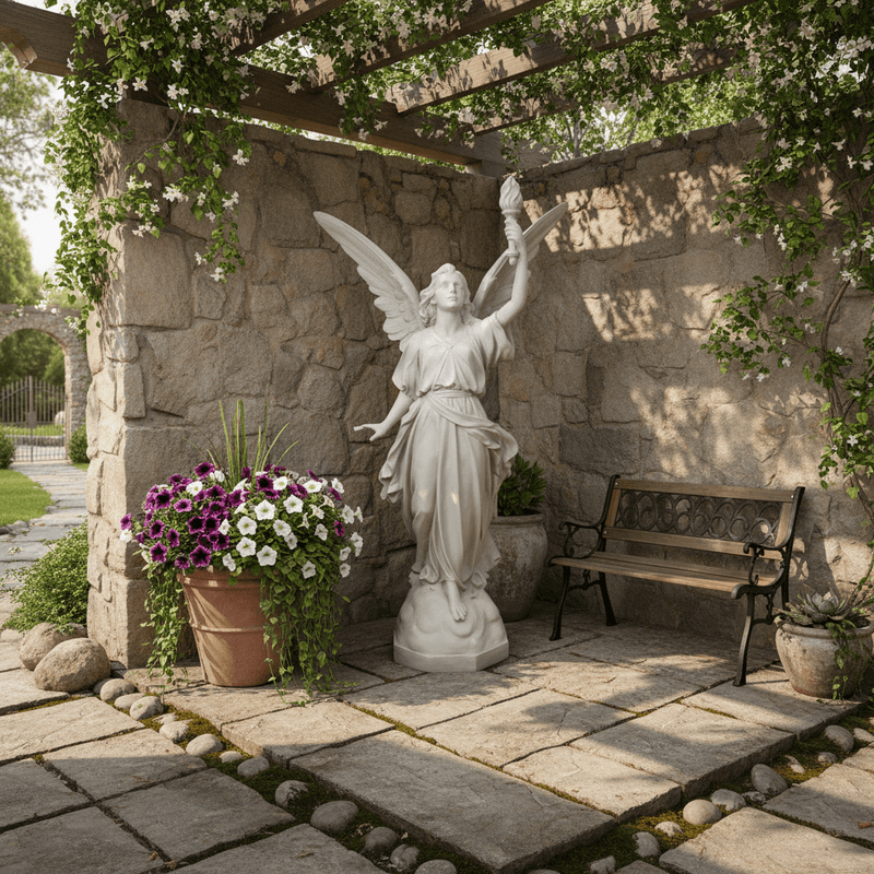 Angel With Torch Outdoor Statue (64 - Inch) Side Angle