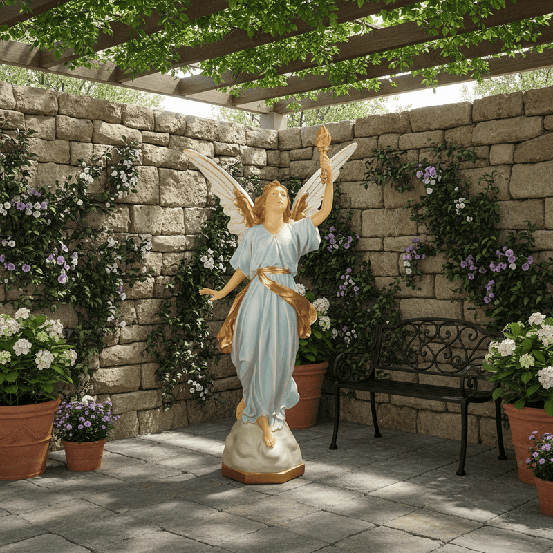 Angel With Torch Outdoor Statue (64 - Inch) Side Angle