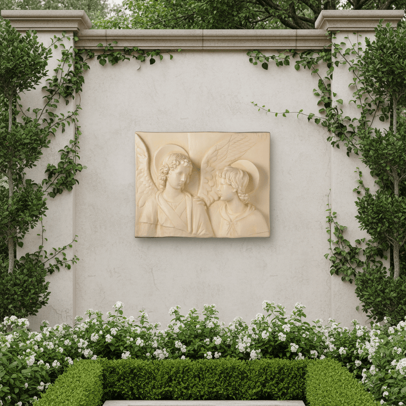 Angels with Wings Rectangular Relief Wall Plaque Outdoor Statue (19 - Inch) Side Angle