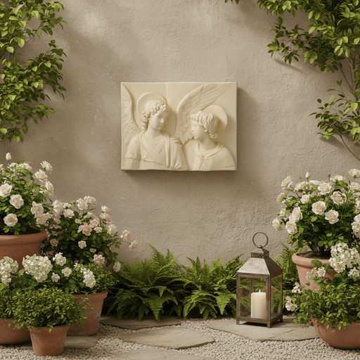 Angels with Wings Rectangular Relief Wall Plaque Outdoor Statue (19 - Inch) Side Angle