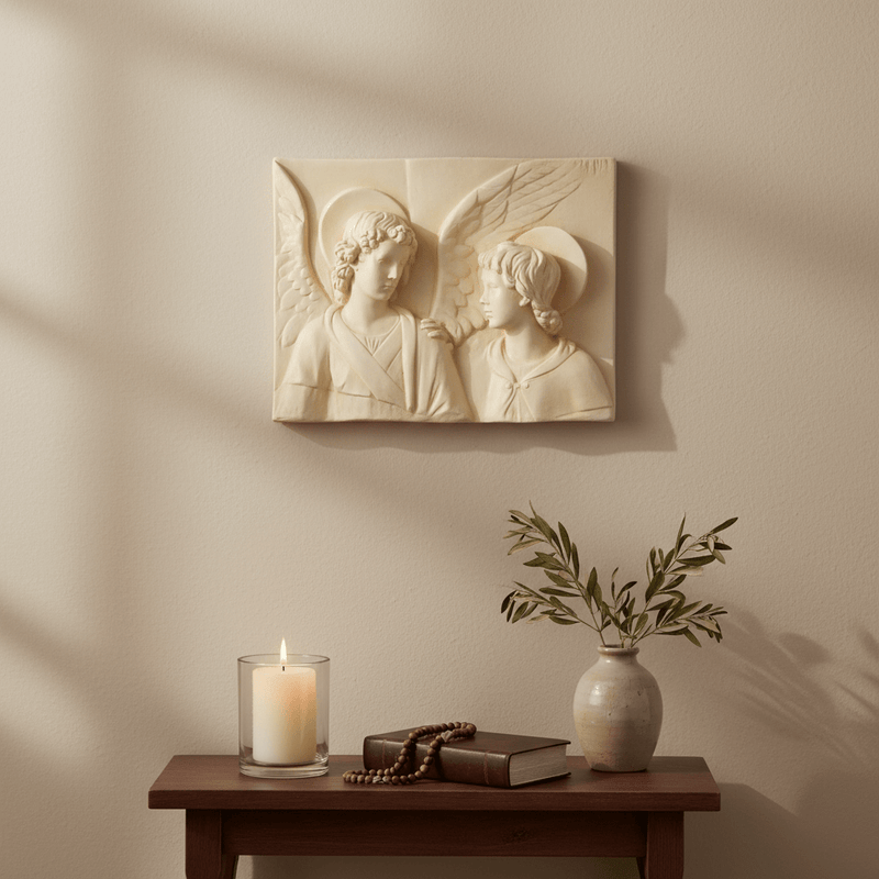 Angels with Wings Rectangular Relief Wall Plaque Outdoor Statue (19 - Inch)