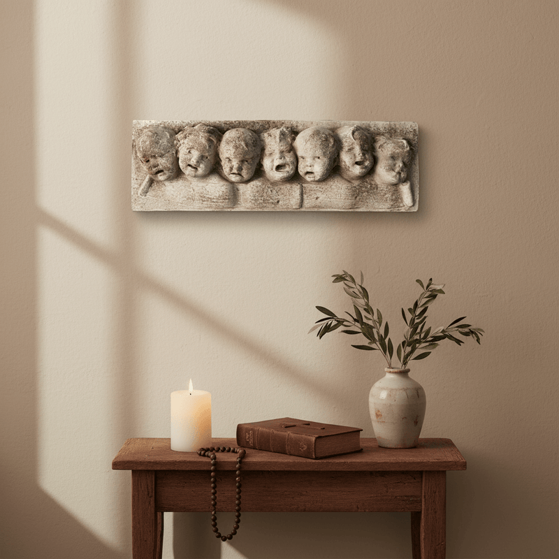 Baby Faces Wall Plaque Outdoor Statue (19 - Inch) Side Angle