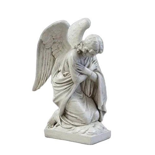 Kneeling angel statue with detailed wings and flowing robes, featuring classical old world European and Renaissance-inspired design. Side View