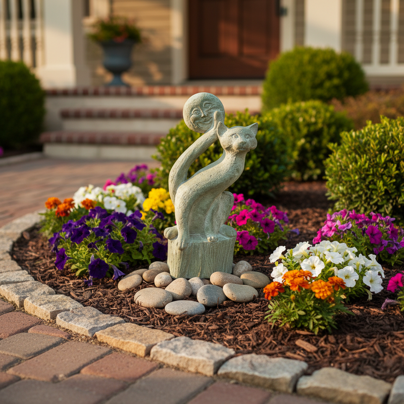 Cat and Moon Garden Statue (20 - Inch) Side Angle
