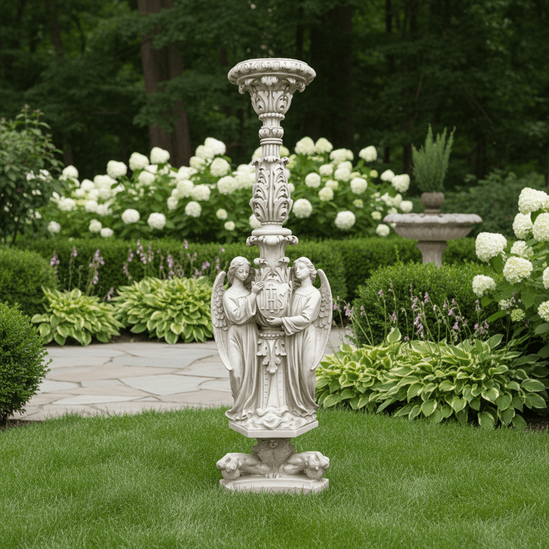 Ceremonial Angels Honoring Jesus with "IHS" Candleholder Outdoor Statue (60 - Inch) Side Angle