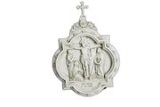 Crucifixion relief in ornate old world European style with classical figures and decorative Baroque frame topped with a cross. Side View
