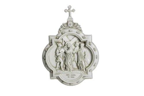 Baroque-style wall plaques depicting religious scenes in a Gothic church interior with vaulted ceilings and stained glass window. Other Angle
