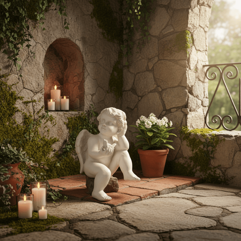 Cherub Holding Bird Outdoor Statue (12-Inch)