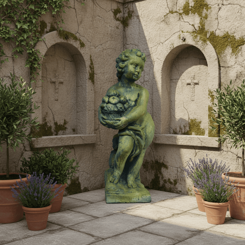 Cherub Holding Fruit Outdoor Statue (24 - Inch) Side Angle