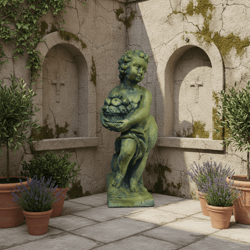 Cherub Holding Fruit Outdoor Statue (24 - Inch) Side Angle