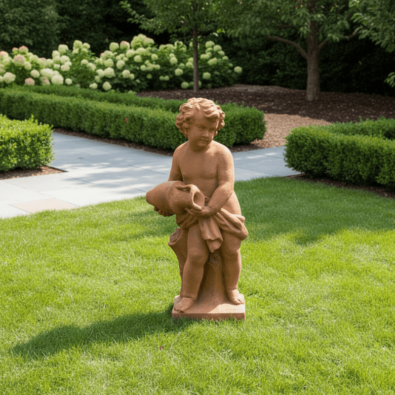 Cherub holding Jug on Tree Stump base Outdoor Statue (38 - Inch) Side Angle