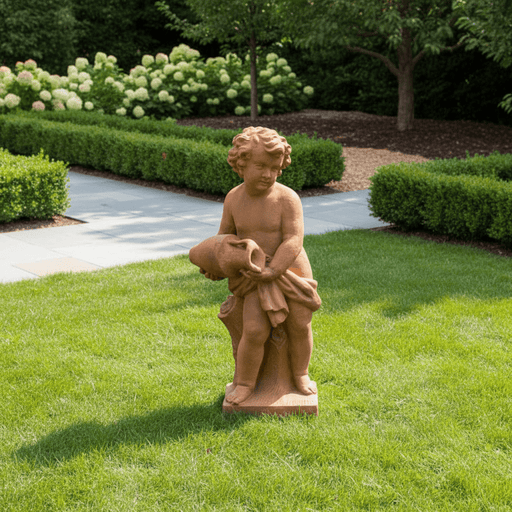 Cherub holding Jug on Tree Stump base Outdoor Statue (38 - Inch) Side Angle