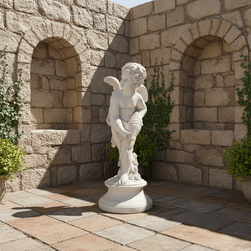 Cherub Holding Shell Outdoor Statue (24 - Inch) Side Angle
