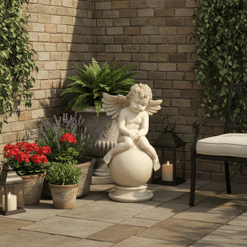 Cherub on Sphere base. Outdoor Statue (19 - Inch) Side Angle