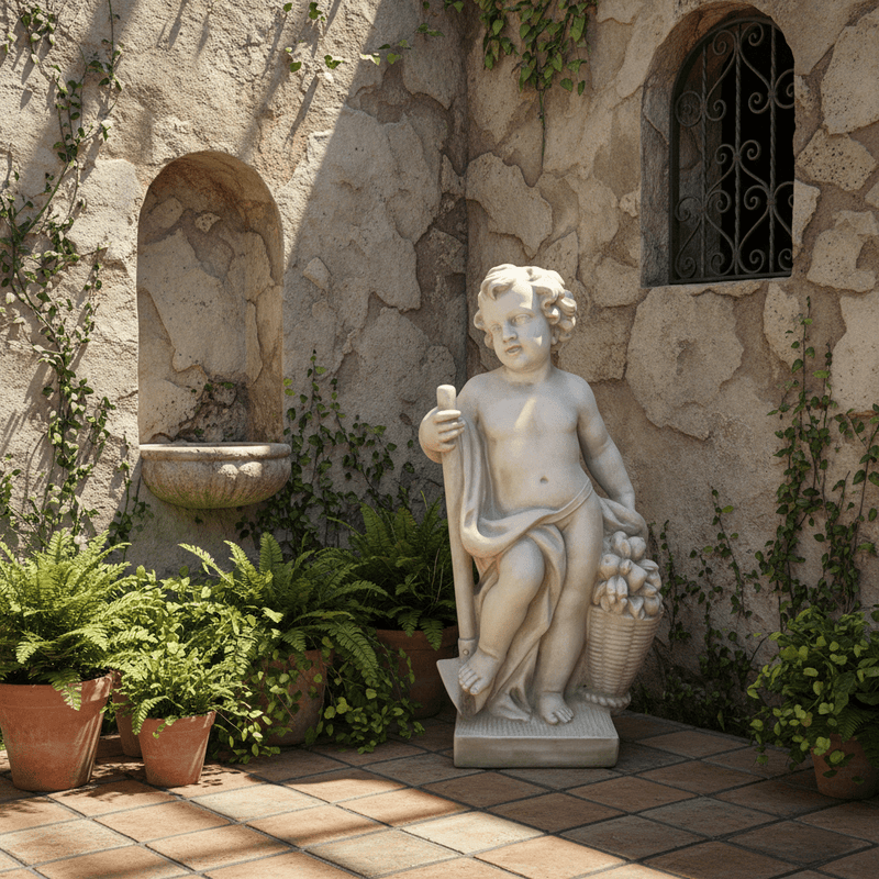 Cherub with Basket of Fruit Outdoor Statue (36-Inch)