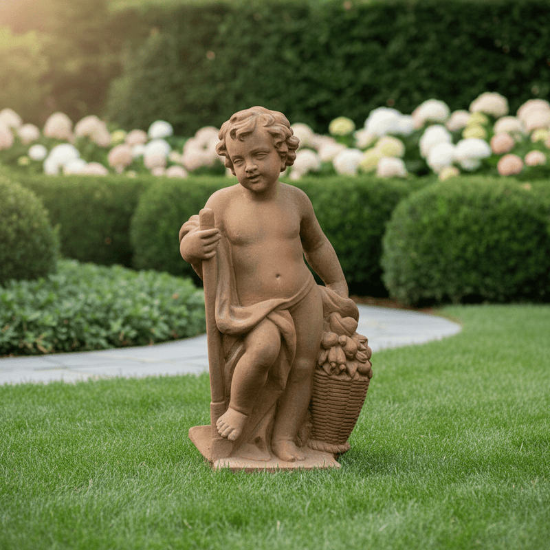 Cherub with Basket of Fruit Outdoor Statue (36 - Inch) Side Angle