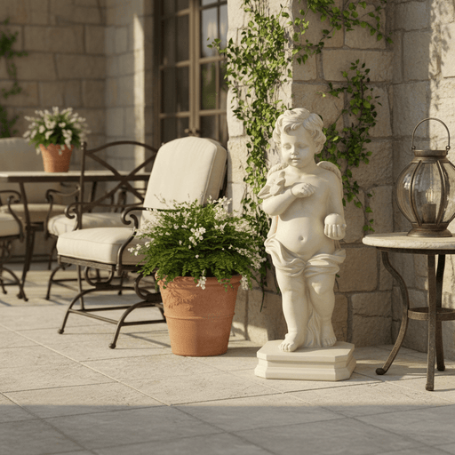 Cherub With Bird Outdoor Statue (26 - Inch) Side Angle