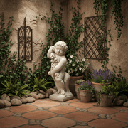 Cherub with Flowers on Base Outdoor Statue (24 - Inch) Side Angle