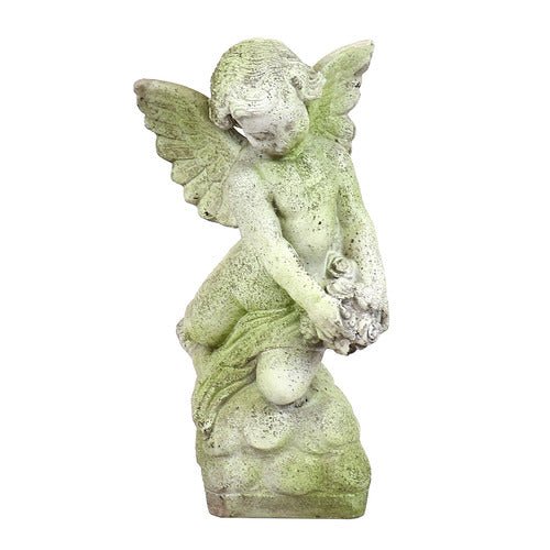 Cherub with Rose Bouquet Outdoor Statue (22 - Inch) Side View