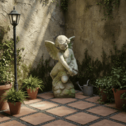 Cherub with Rose Bouquet Outdoor Statue (22 - Inch) Side Angle
