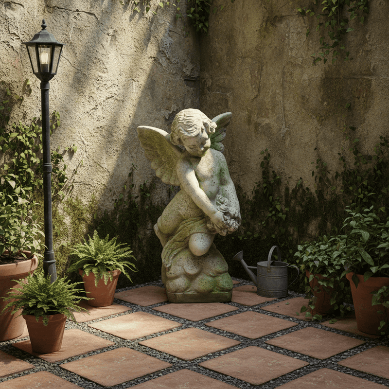 Cherub with Rose Bouquet Outdoor Statue (22 - Inch) Side Angle