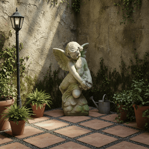 Cherub with Rose Bouquet Outdoor Statue (22 - Inch) Side Angle