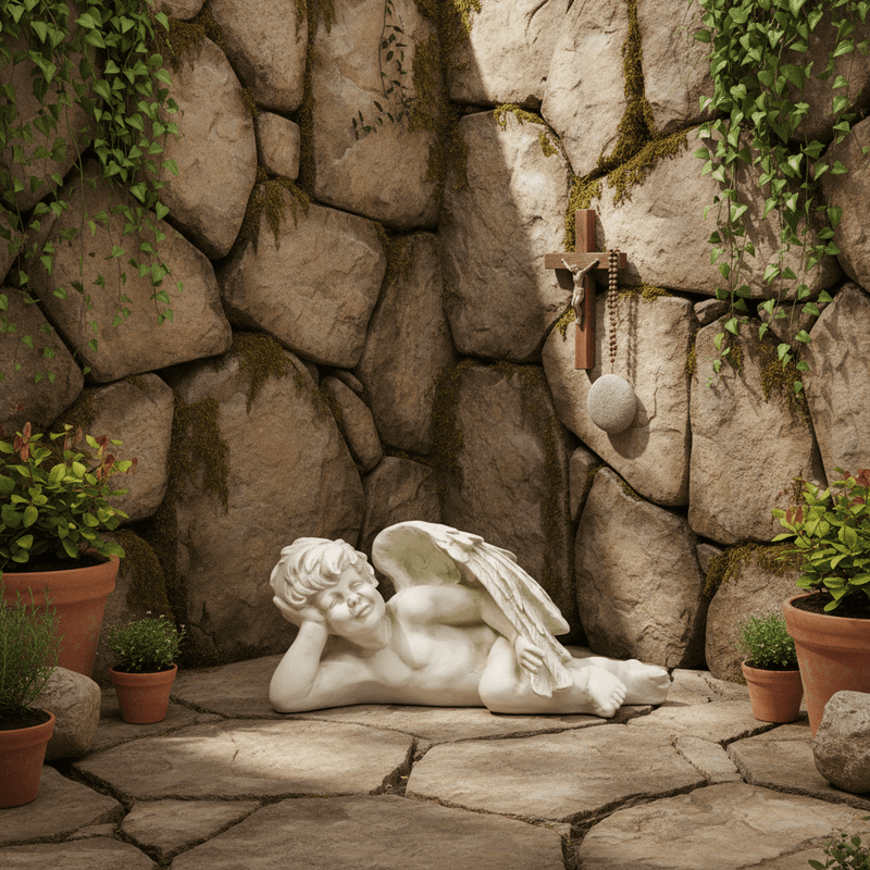 Cherub with Wings Outdoor Statue (8 - Inch) Side Angle