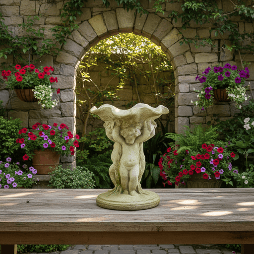 Cherubs Holding Birdbath Bowl Outdoor Statue (9 - Inch) Side Angle