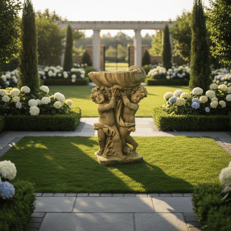 Cherubs with Basin Birdbath Outdoor Statue (36 - Inch) Side Angle