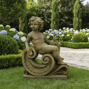 Classical Cherub with Grapes on Decorative Base Outdoor Statue (36 - Inch) Side Angle
