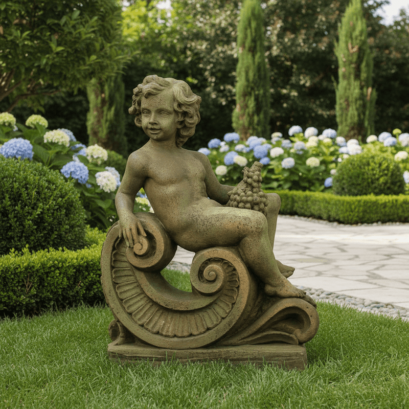 Classical Cherub with Grapes on Decorative Base Outdoor Statue (36 - Inch) Side Angle