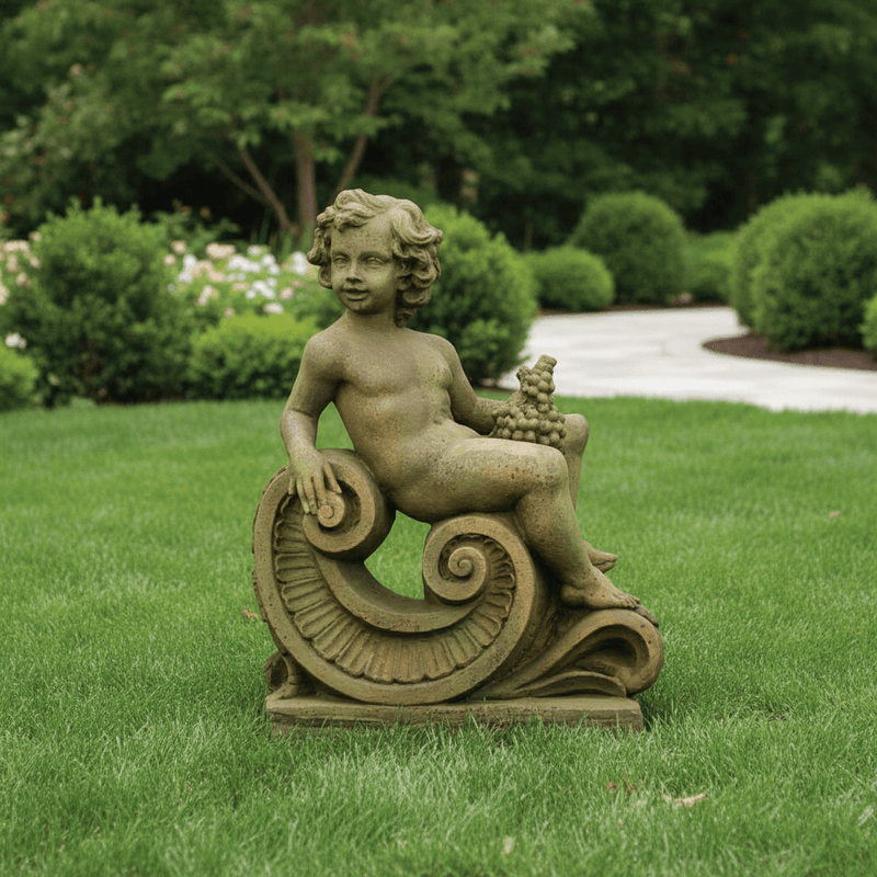 Classical Cherub with Grapes on Decorative Base Outdoor Statue (36 - Inch)