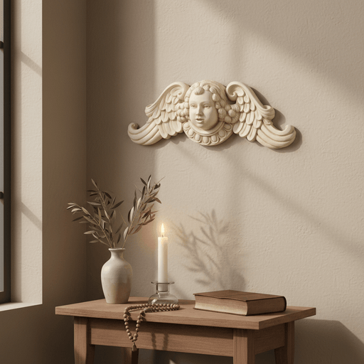Classical Winged Cherub Head Wall Plaque Outdoor Statue (23 - Inch) Side Angle