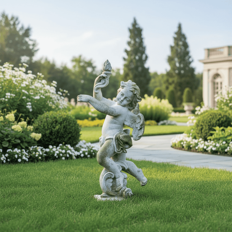 Dancing Cherub with Torch Garden Outdoor Statue (43 - Inch) Side Angle