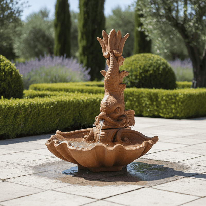 Dolphin Garden Fountain with Shell (34 - Inch) Side Angle