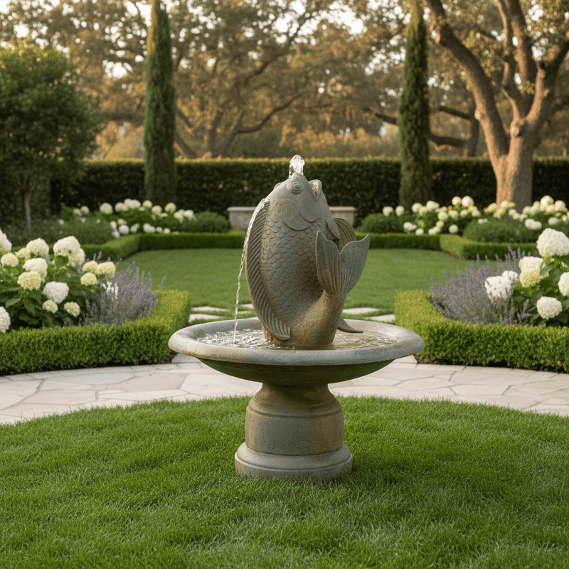 Fish Pedestal Bowl Set Garden Statue (42 - Inch) Side Angle